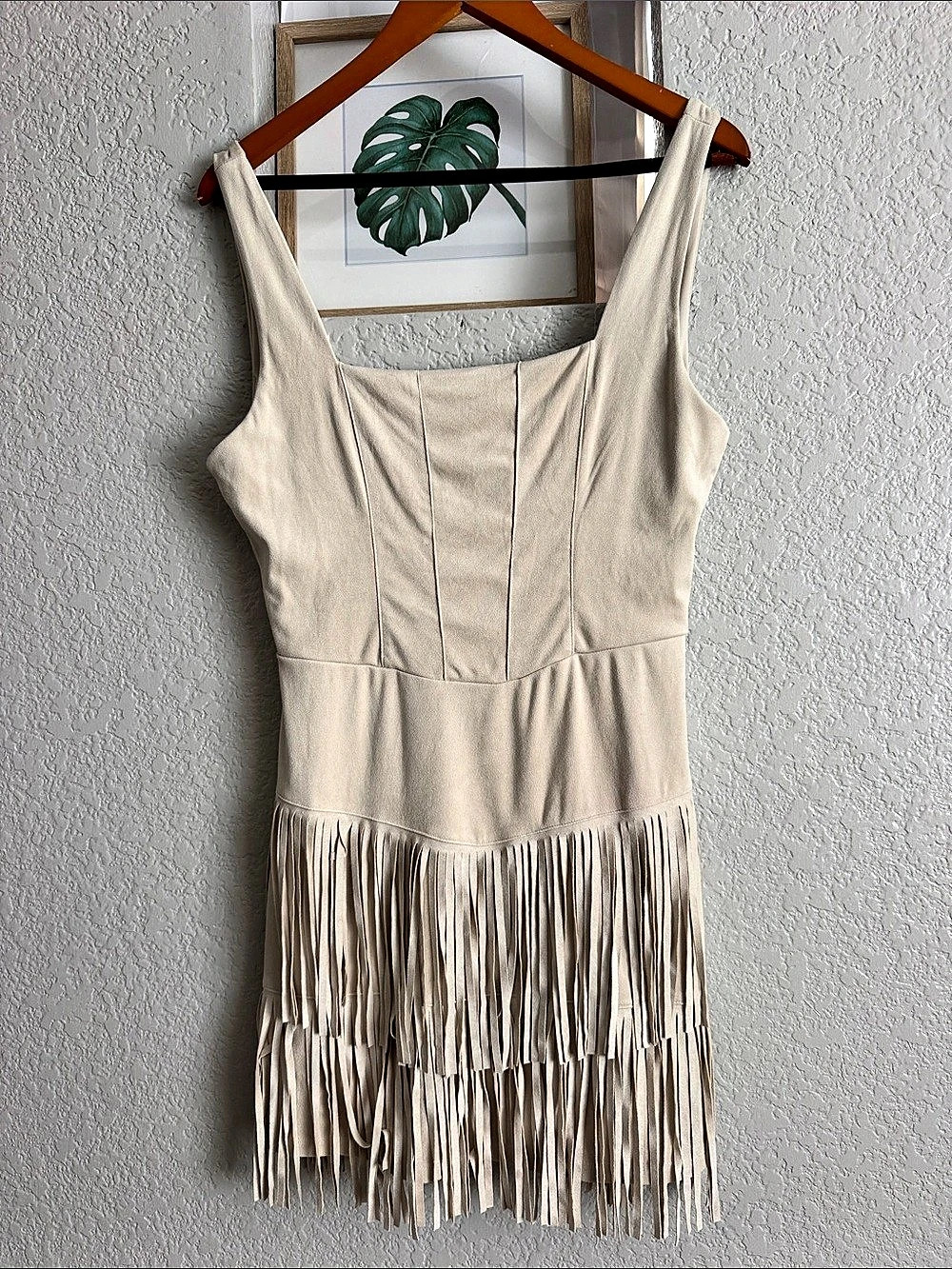 Trixxi Fringe Mini Dress in Beige Large Like New